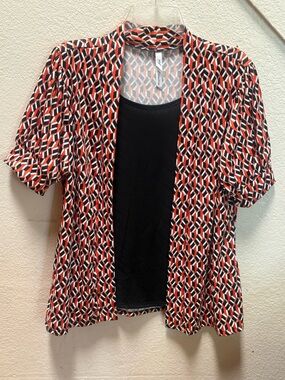 NY Collection Red, Black & White Geometric Open-Front Layered Blouse